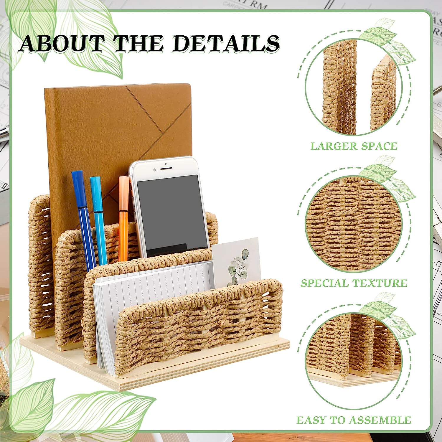 Woven Desk Mail Organizer Upright File Holders Vertical Mail Sorter Small Desk File Organizer Letter Paper Organizer Storage Office Desk Accessories Folder File Sorters for Desktop Home Office - Image 2